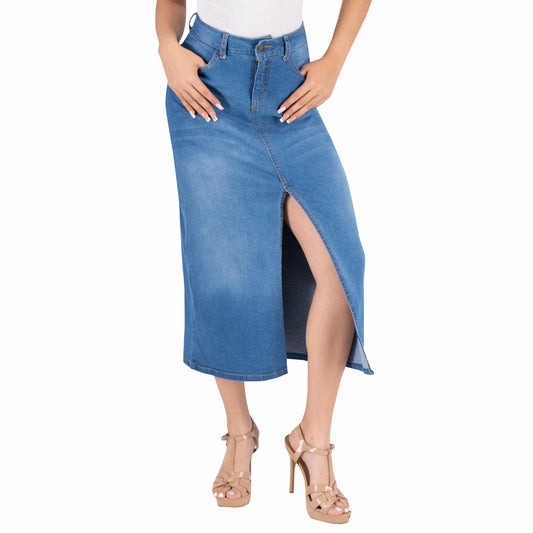 Falda larga mujer mezclilla azul - espalda