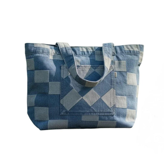 Bolsa tote mezclilla azul a cuadros - lateral