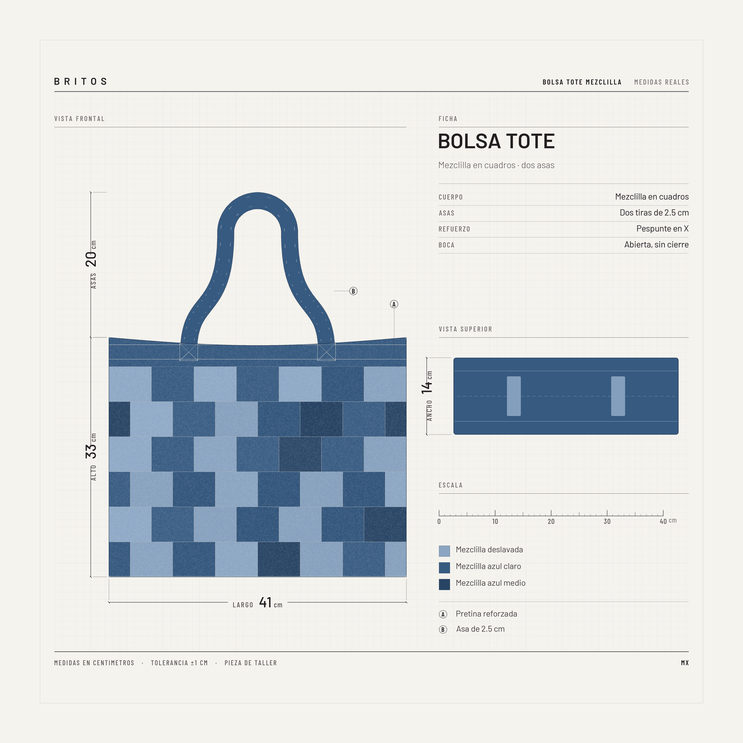 Bolsa Tote Chica Azul Deslavado a Cuadros de Mezclilla