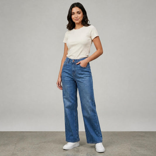 Jeans Rectos Pierna Amplia Mujer Azul Deslavado con Desgaste
