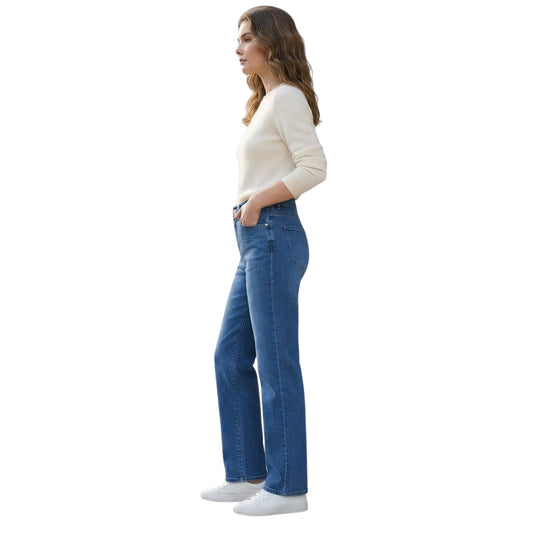 Jeans Rectos Mujer Levanta Pompas Azul Deslavado con Arrugas 3D