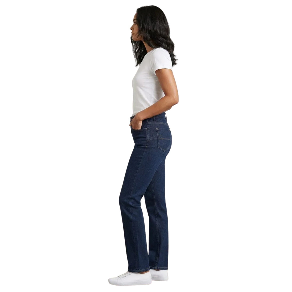 Jeans rectos mujer levanta pompas azul oscuro con pespunte - de lado