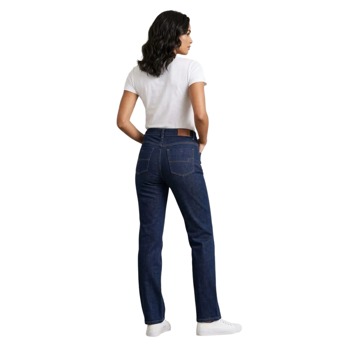 Jeans rectos mujer levanta pompas azul oscuro con pespunte - espalda
