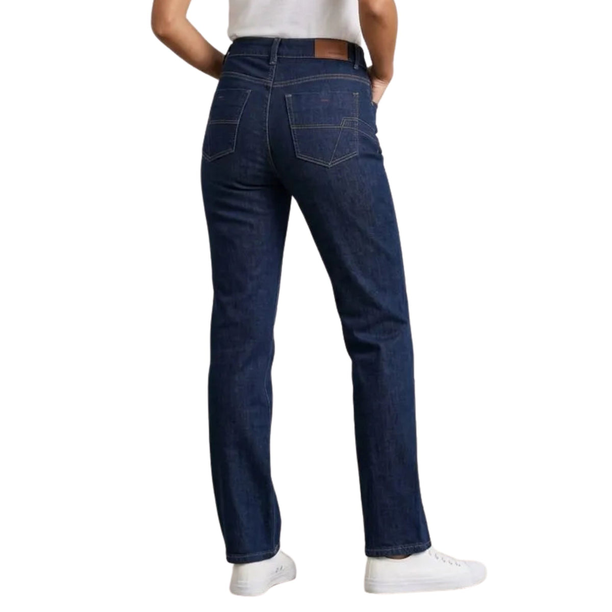 Jeans rectos mujer levanta pompas azul oscuro con pespunte - espalda de cerca