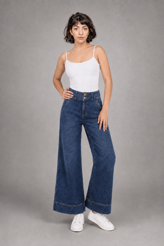 Jeans Pierna Amplia Mujer Azul Deslavado con desgaste