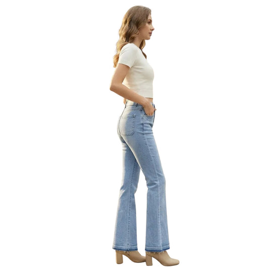 Jeans Flare Mujer Azul Deslavado con Desgaste