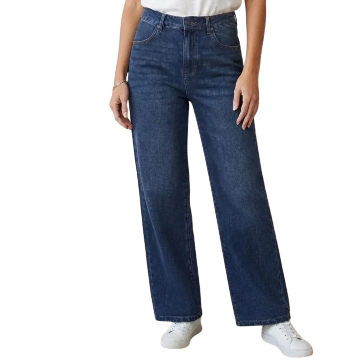 Jeans pierna amplia mujer azul deslavado - frente de cerca