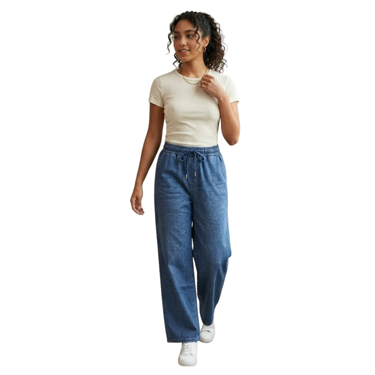 Jeans Pierna Amplia Mujer Azul con Pretina Y Cordones