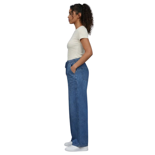 Jeans Pierna Amplia Mujer Azul con Pretina Y Cordones