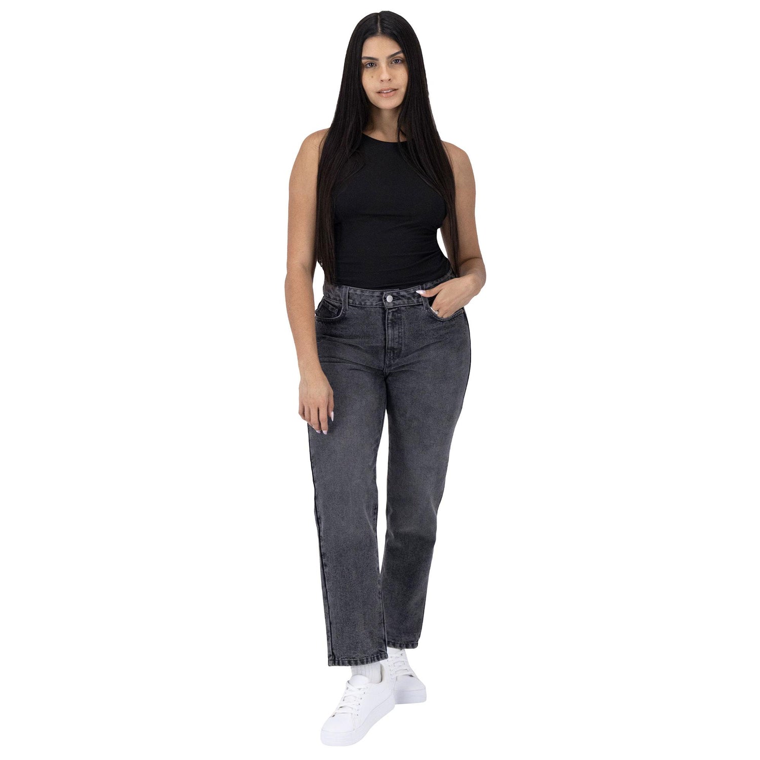Jeans mom mujer gris - frente