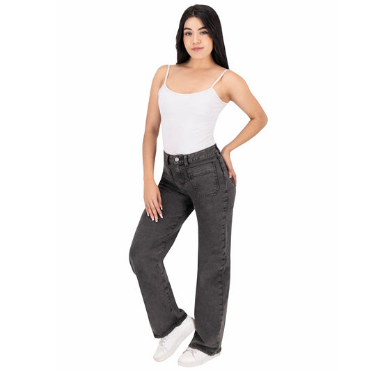 Jeans mom pierna amplia mujer negro - frente
