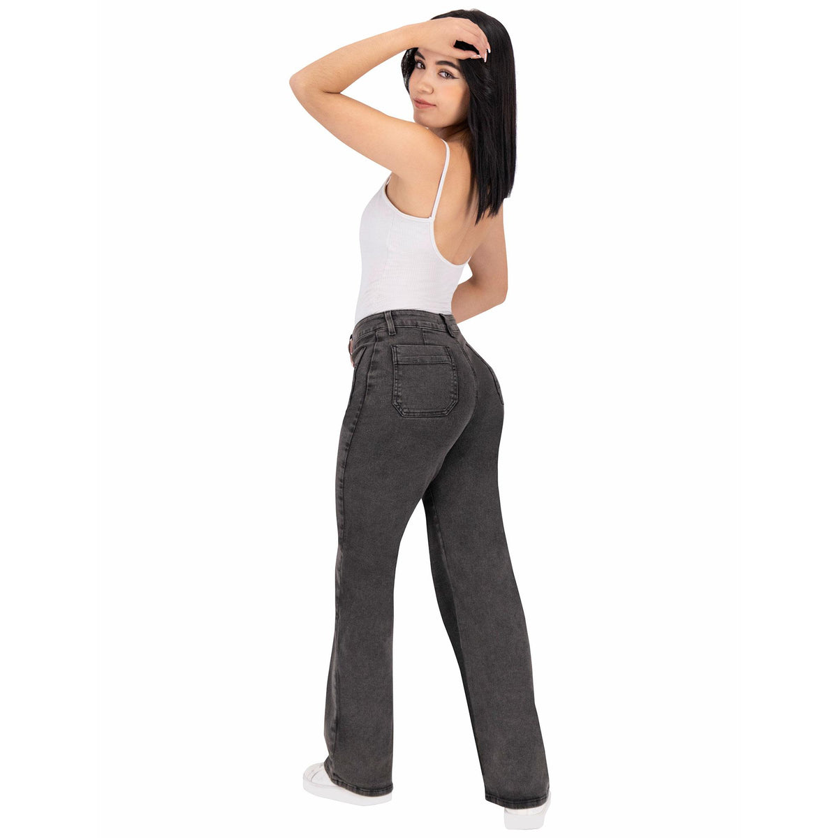 Jeans mom pierna amplia mujer negro - cintura