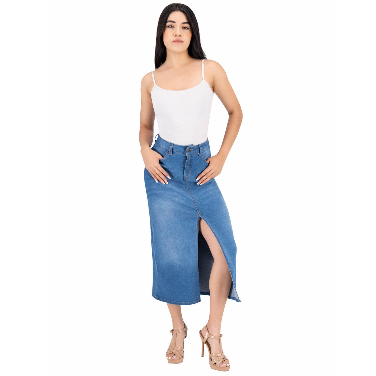 Falda larga mujer mezclilla azul - lateral