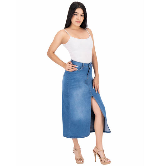 Falda larga mujer mezclilla azul - frente
