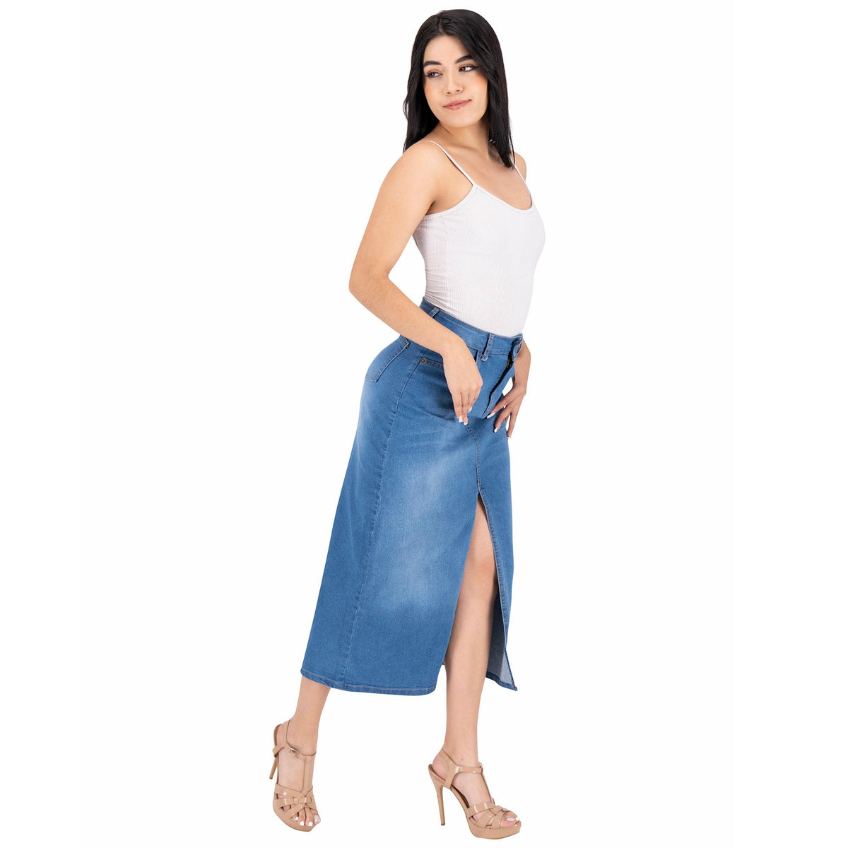 Falda larga mujer mezclilla azul - bolsas