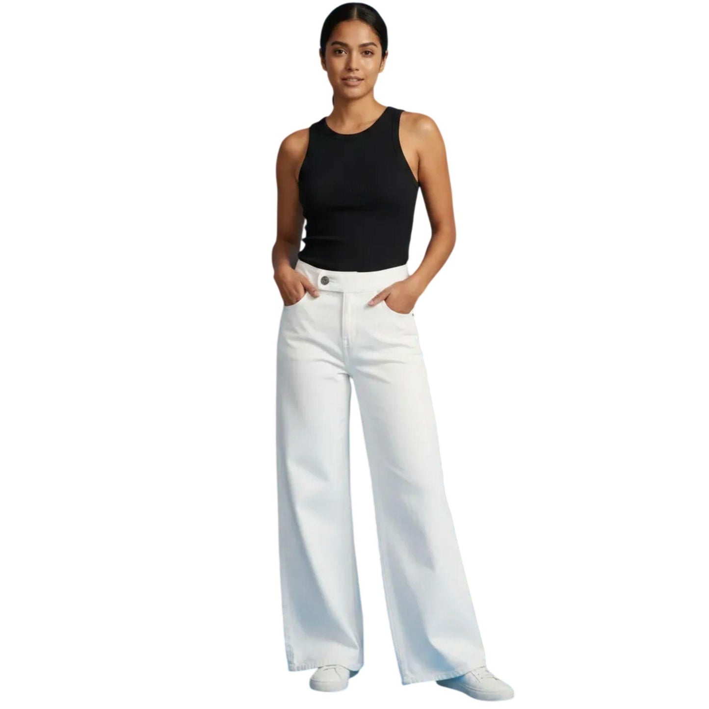 Pantalón pierna amplia mujer blanco - lateral