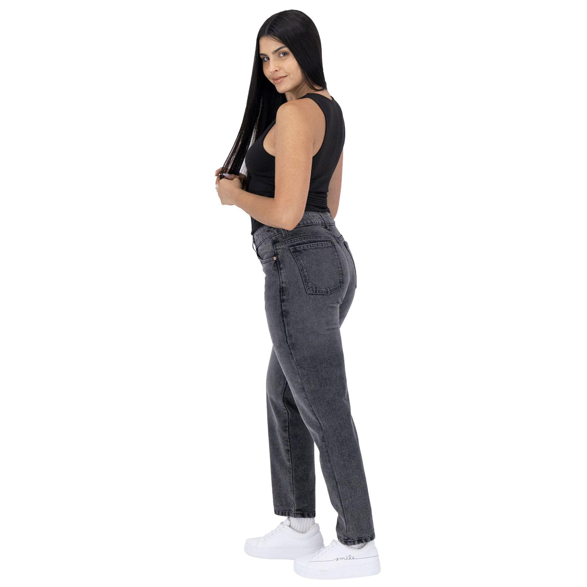 Jeans mom mujer gris - bolsas
