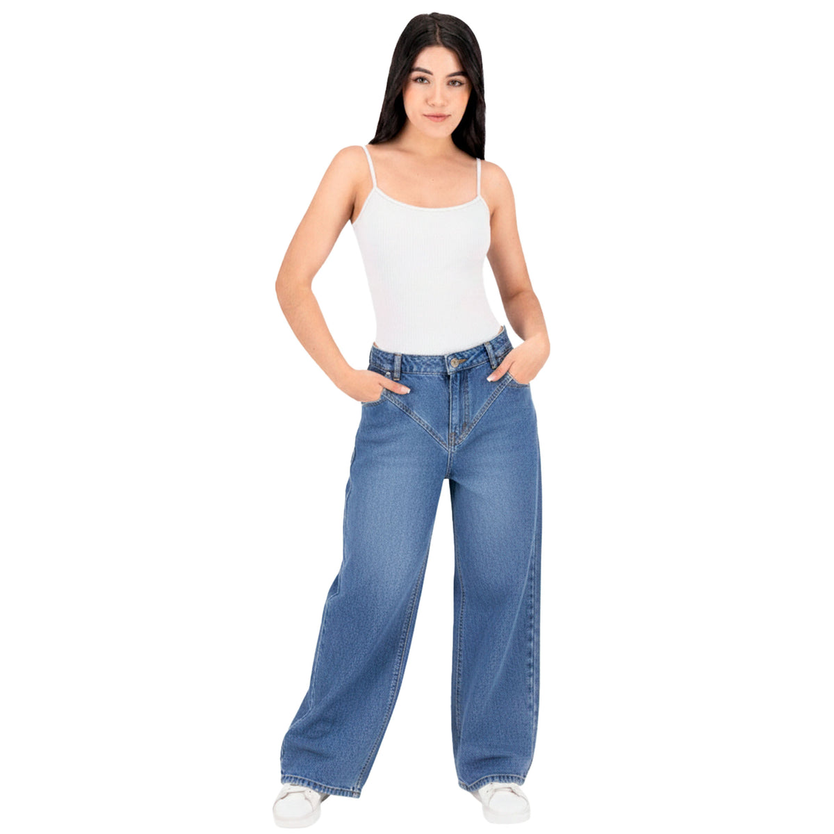 Jeans rectos mujer azul pierna amplia - frente