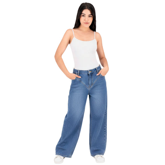 Jeans rectos mujer azul pierna amplia - frente