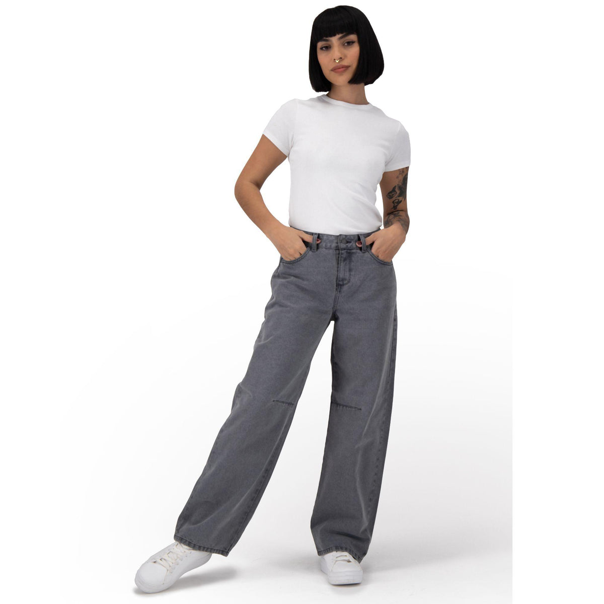 Pantalón barrel mujer mezclilla gris - frente