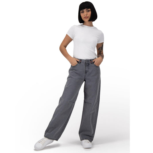 Pantalón barrel mujer mezclilla gris - frente
