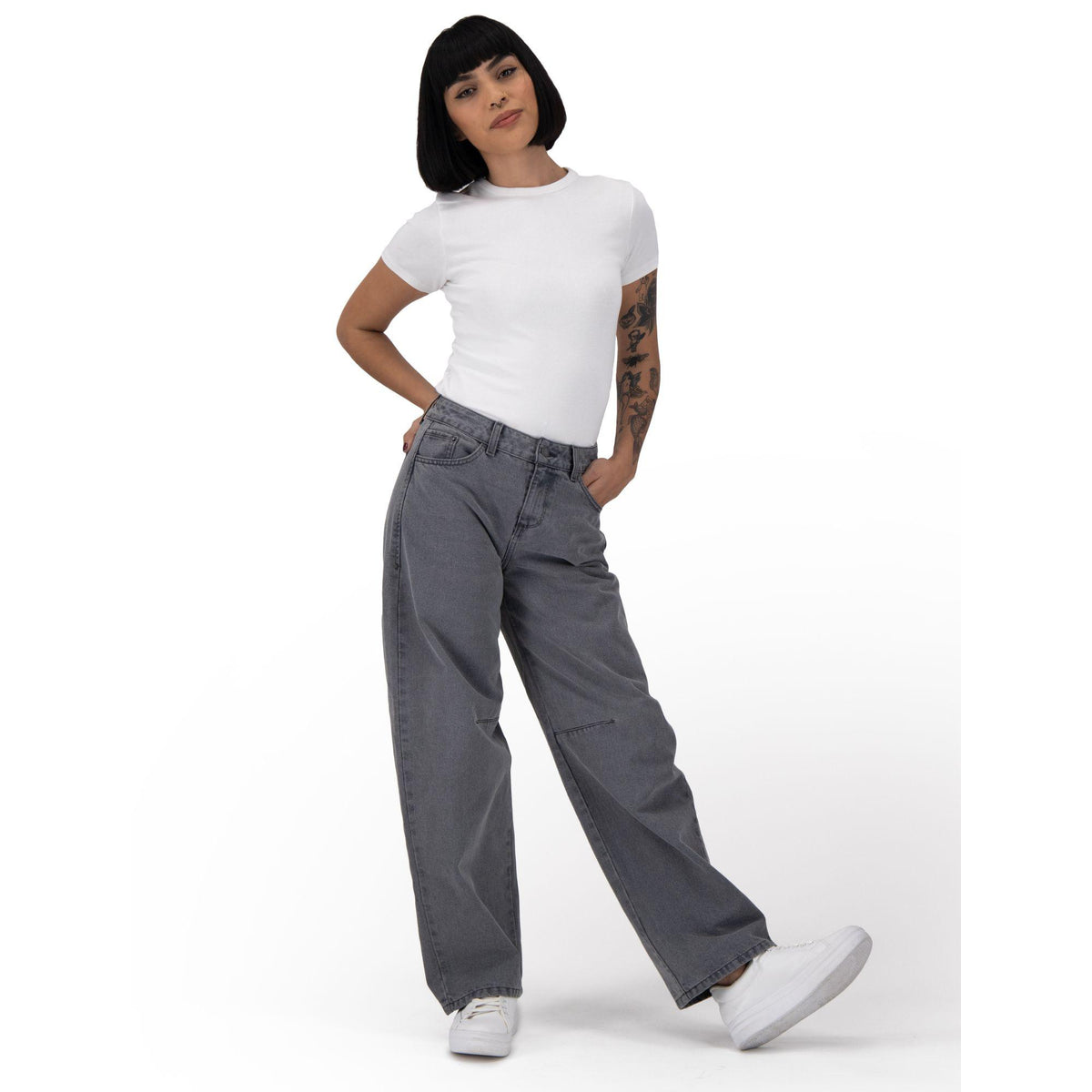 Pantalón barrel mujer gris - lateral