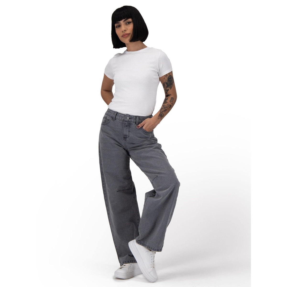 Pantalón barrel mujer gris - cintura