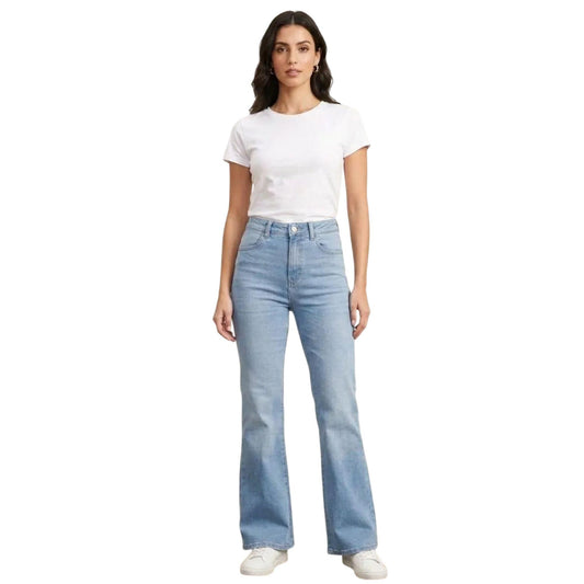 Jeans acampanados mujer azul deslavado - espalda