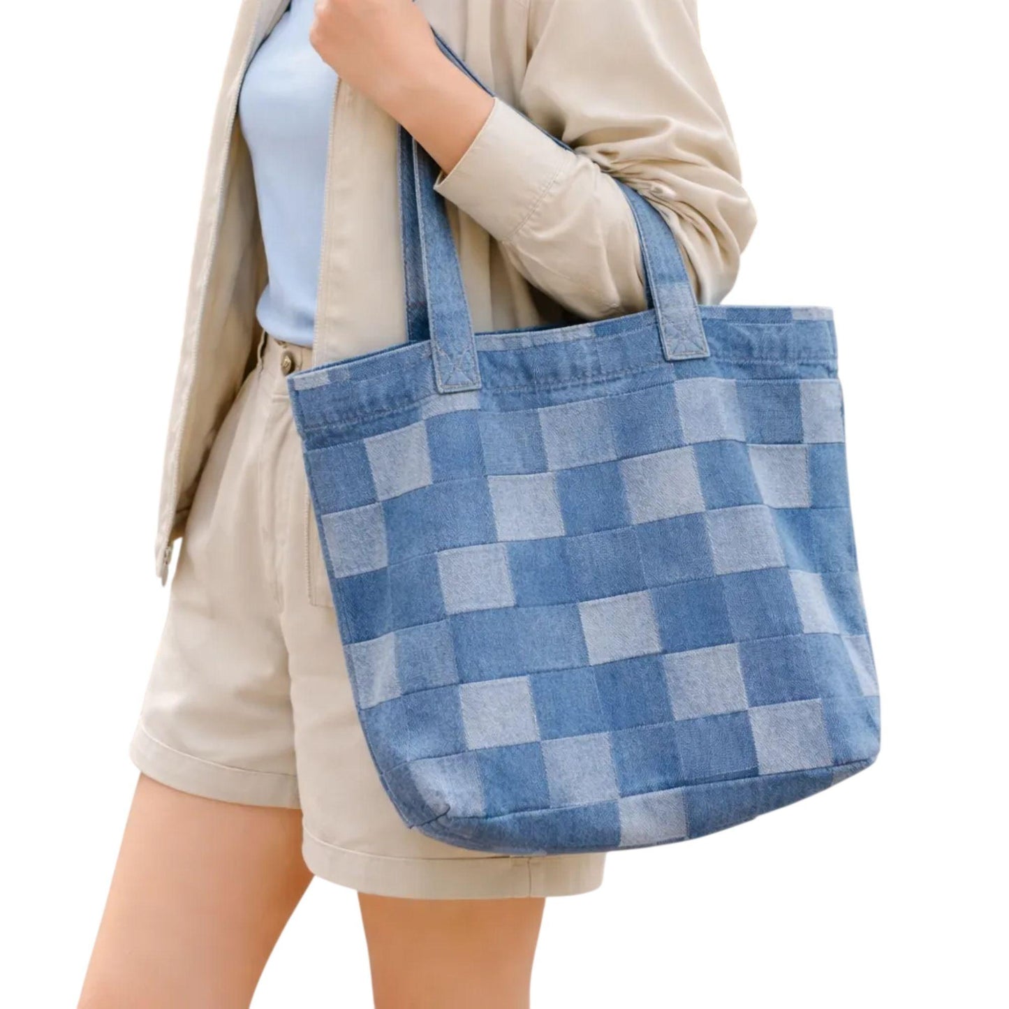 Bolsa tote mezclilla azul a cuadros - detalle