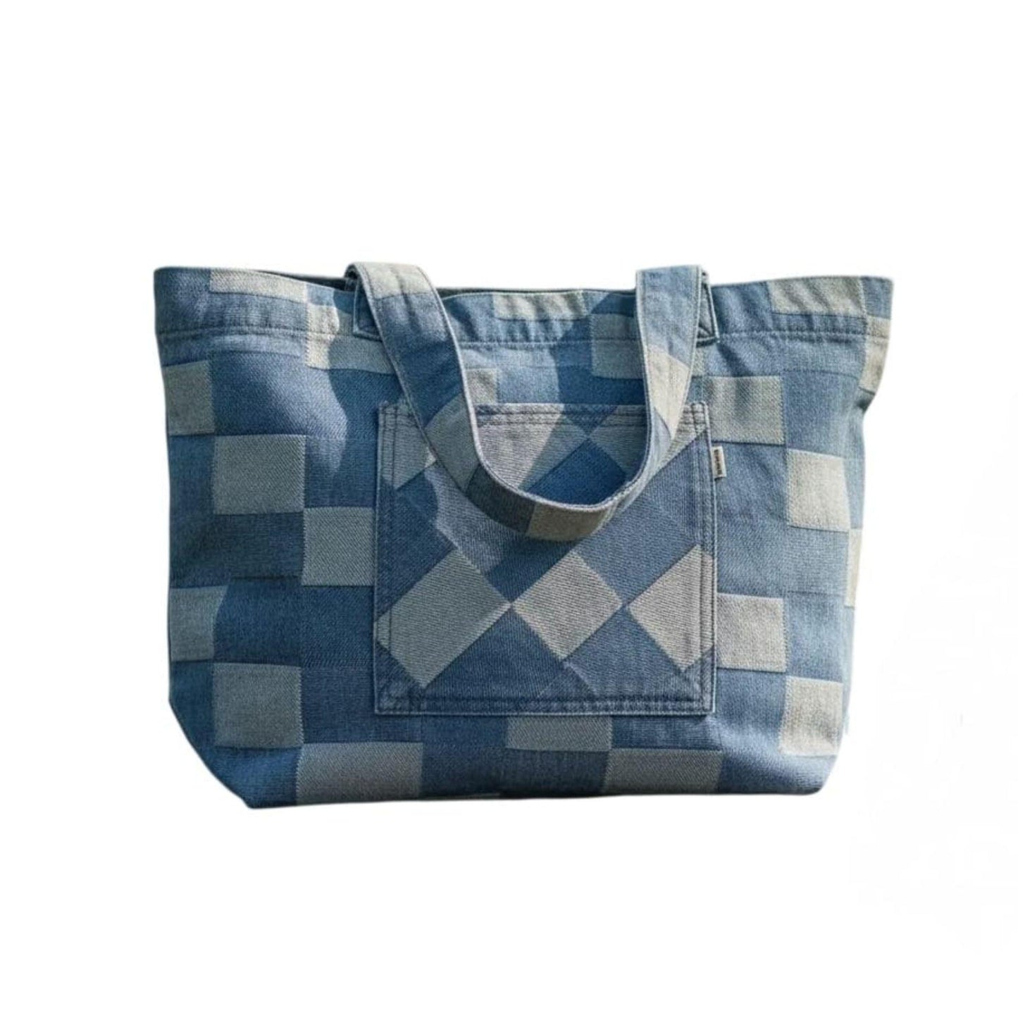Bolsa tote mezclilla azul a cuadros - lateral