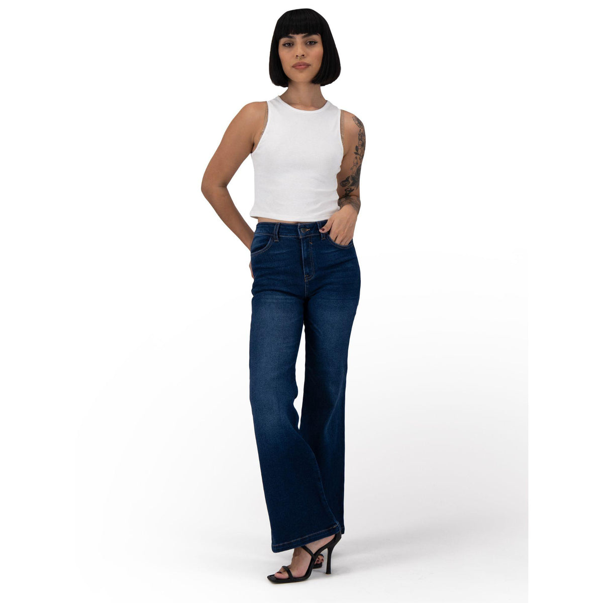 Jeans acampanados mujer azul medio - frente