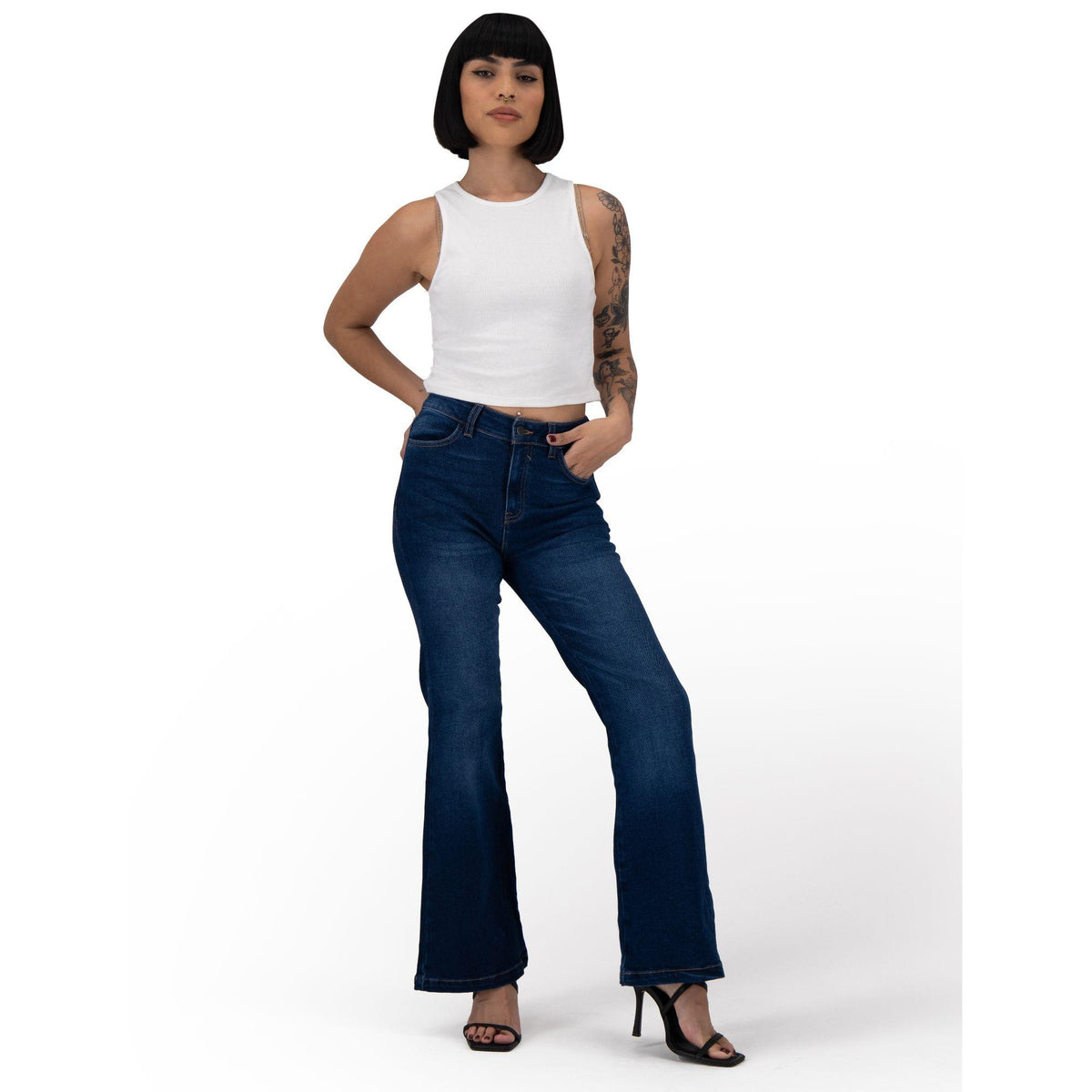 Jeans acampanados mujer azul medio - lateral