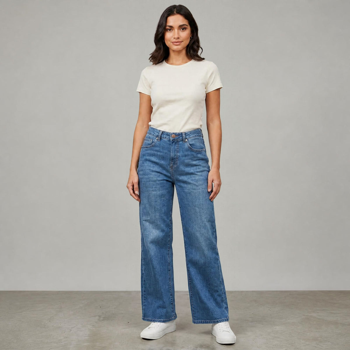 Jeans Rectos Pierna Amplia Mujer Azul Deslavado con Desgaste
