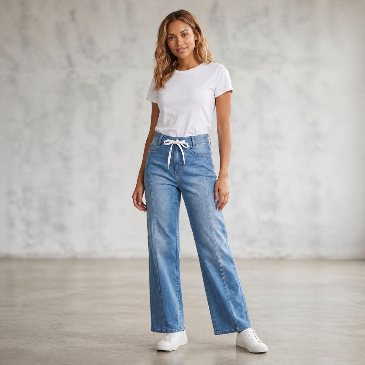 Jeans Rectos Pierna Amplia Mujer Azul Deslavado con Desgaste