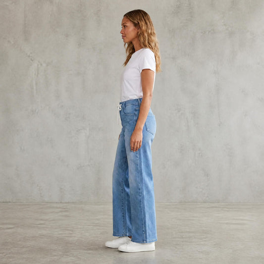 Jeans Rectos Pierna Amplia Mujer Azul Deslavado con Desgaste