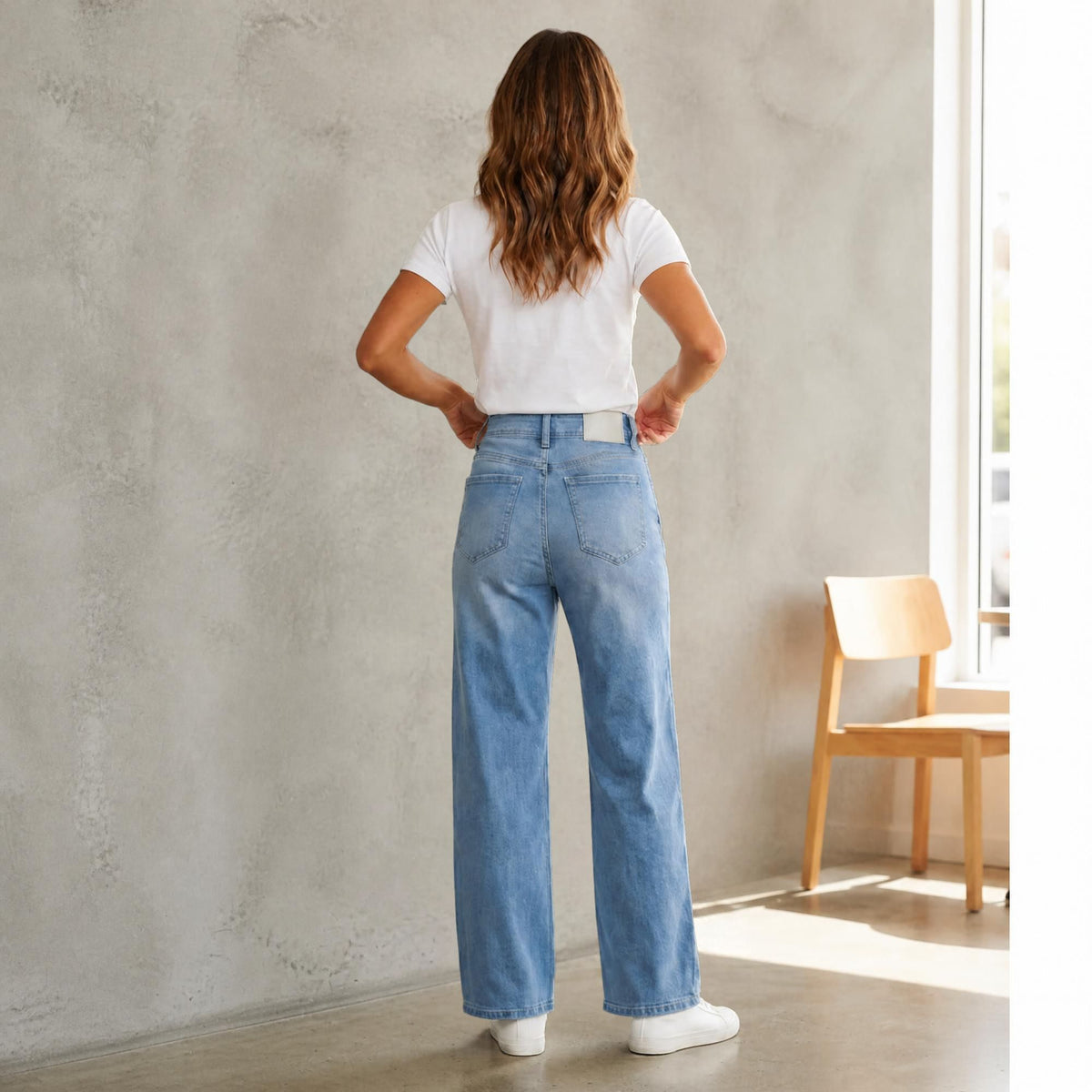 Jeans Rectos Pierna Amplia Mujer Azul Deslavado con Desgaste