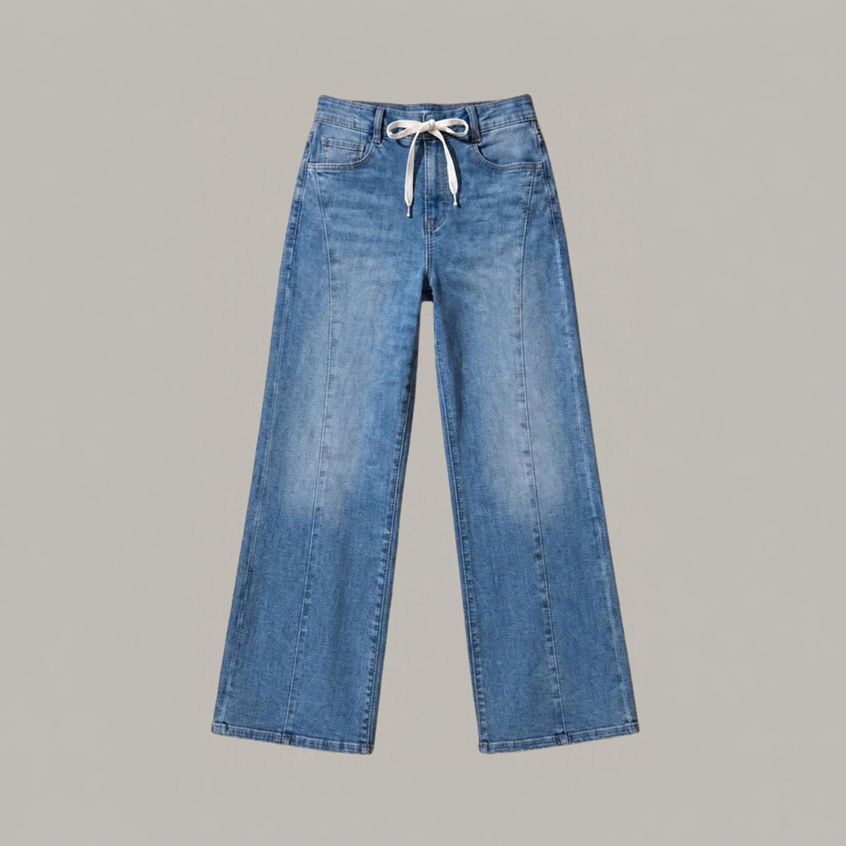 Jeans Rectos Pierna Amplia Mujer Azul Deslavado con Desgaste
