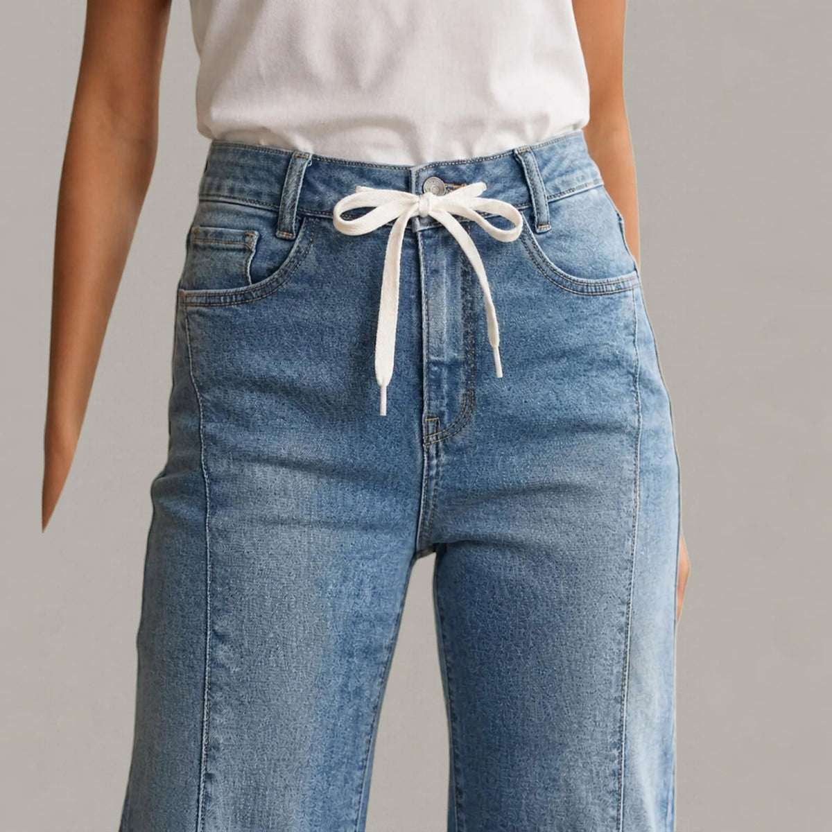 Jeans Rectos Pierna Amplia Mujer Azul Deslavado con Desgaste