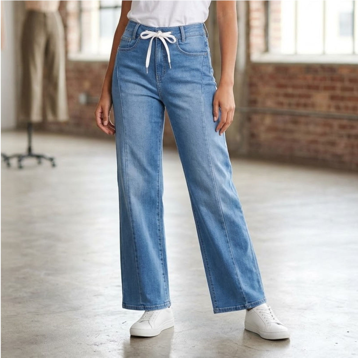 Jeans Rectos Pierna Amplia Mujer Azul Deslavado con Desgaste