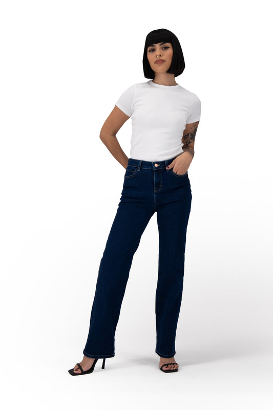 Jeans Rectos Mujer Levanta Pompas Azul Medio