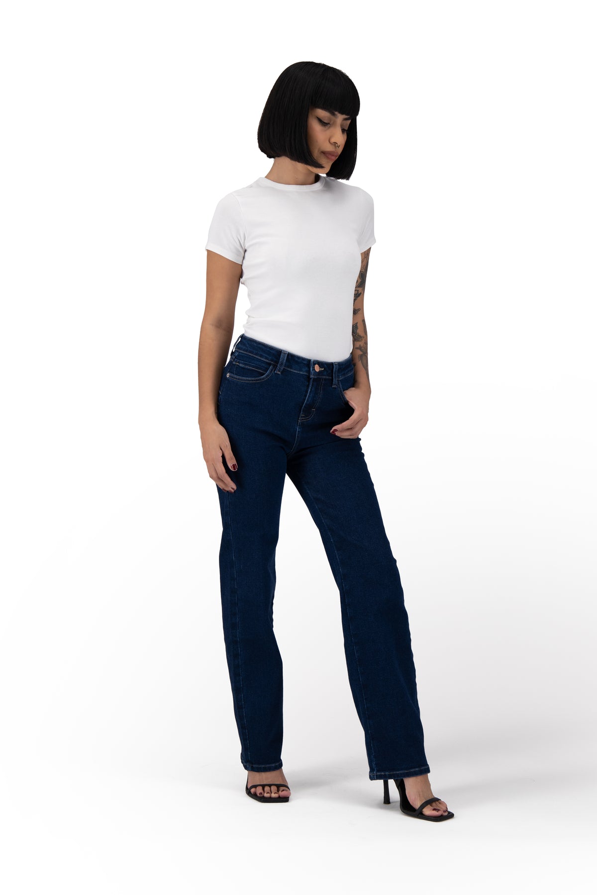 Jeans Rectos Mujer Levanta Pompas Azul Medio