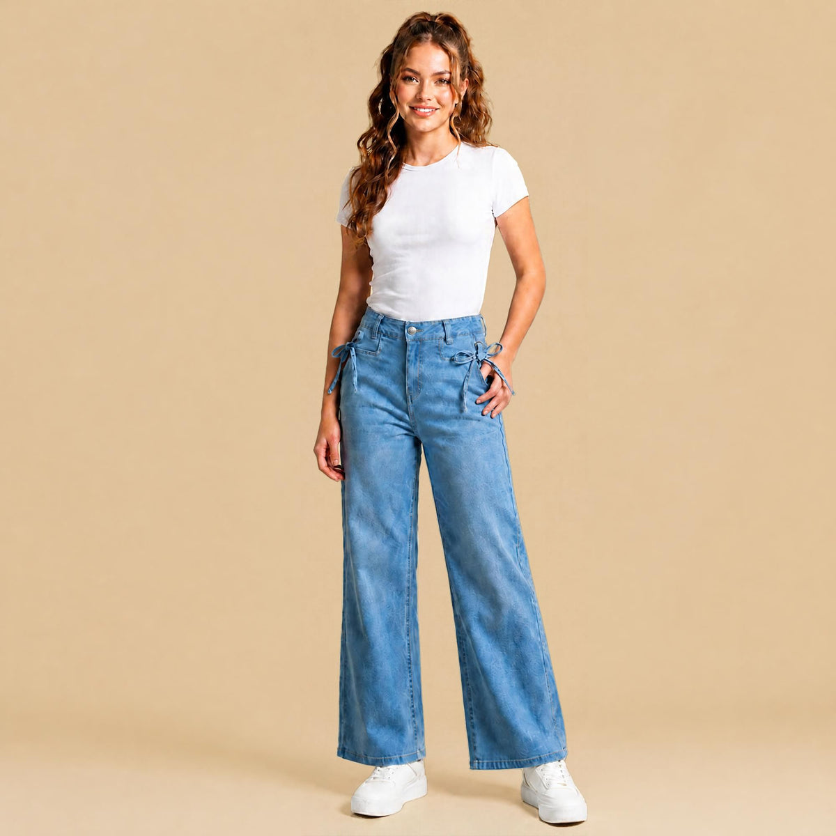 Jeans Rectos Pierna Amplia Mujer Azul Deslavado
