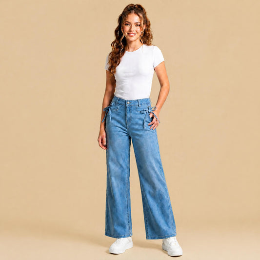Jeans Rectos Pierna Amplia Mujer Azul Deslavado