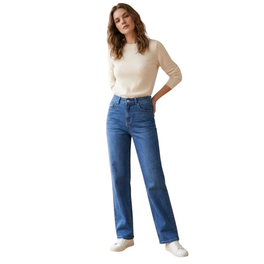Jeans Rectos Mujer Levanta Pompas Azul Deslavado con Arrugas 3D