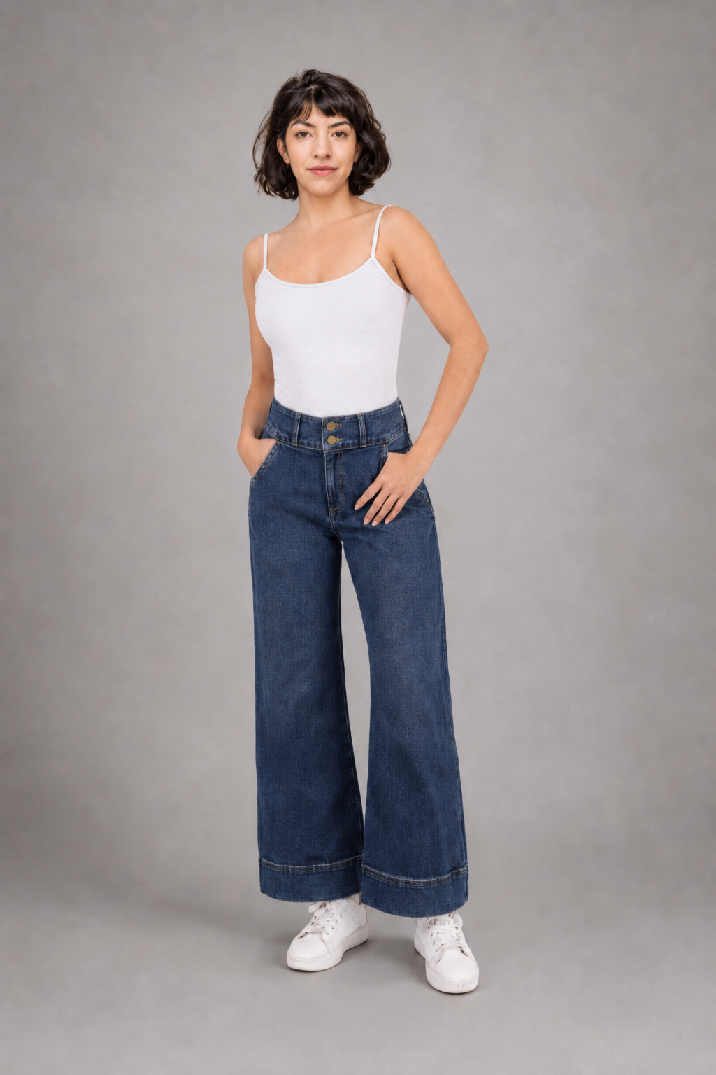 Jeans Pierna Amplia Mujer Azul Deslavado con desgaste