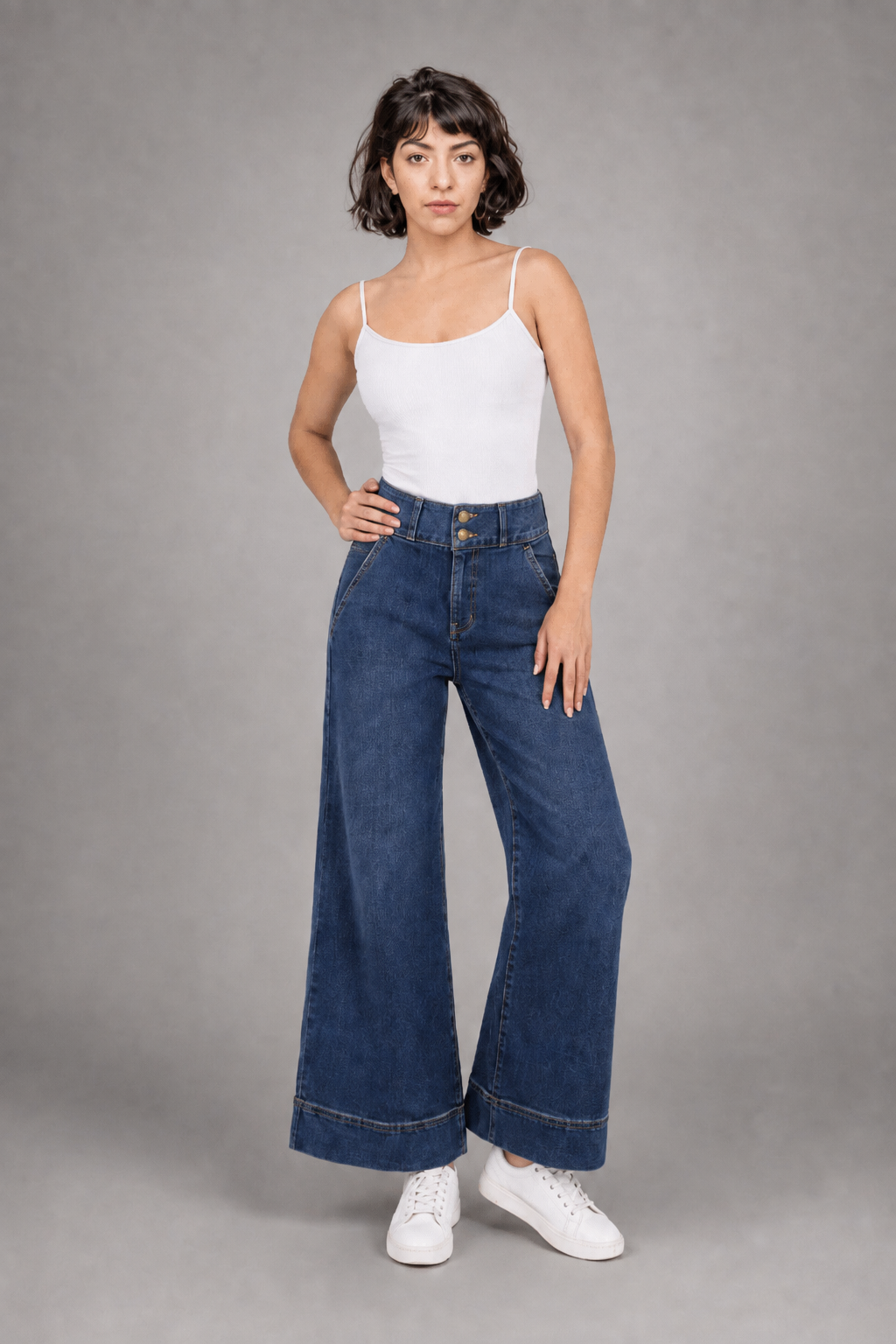 Jeans Pierna Amplia Mujer Azul Deslavado con desgaste