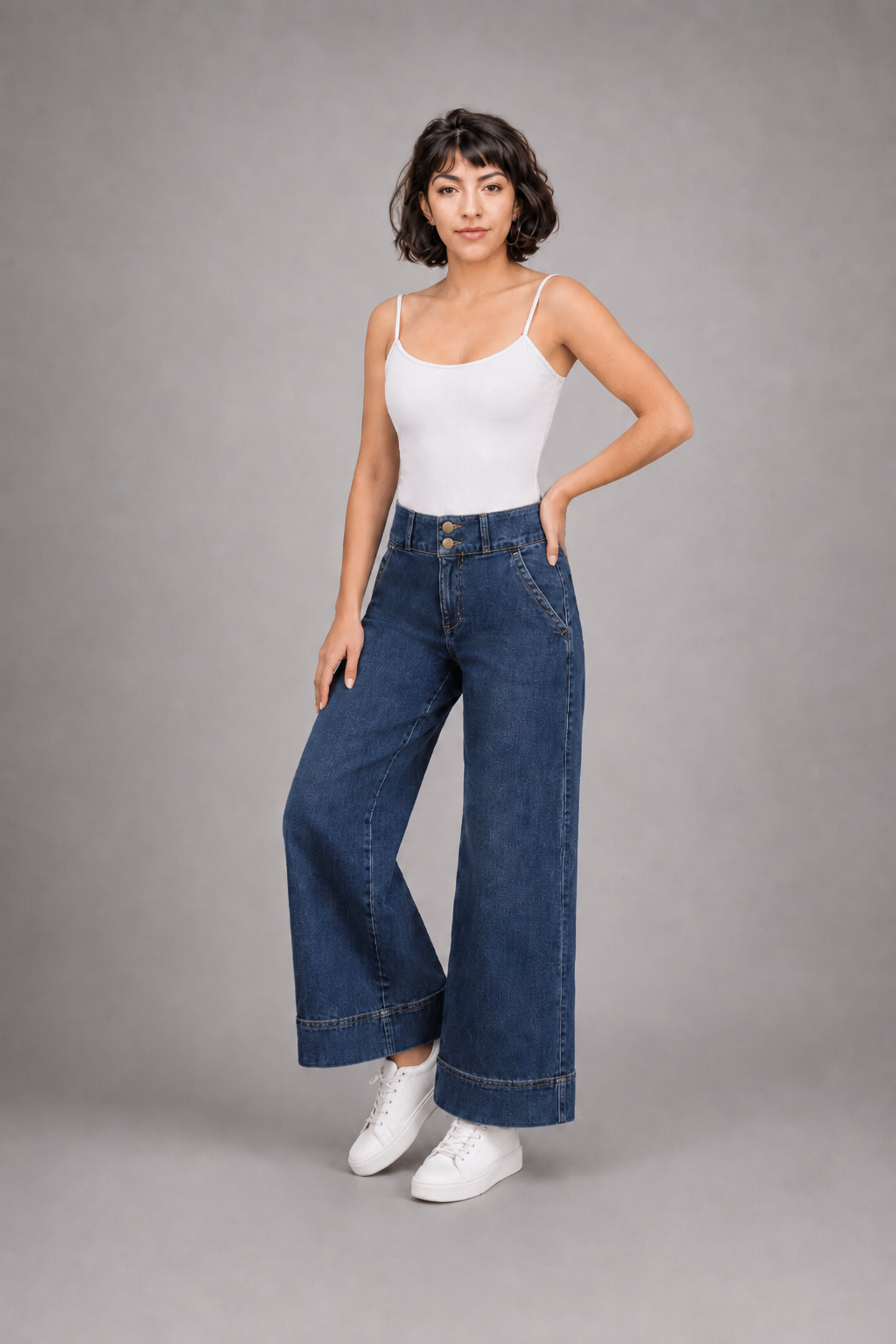 Jeans Pierna Amplia Mujer Azul Deslavado con desgaste