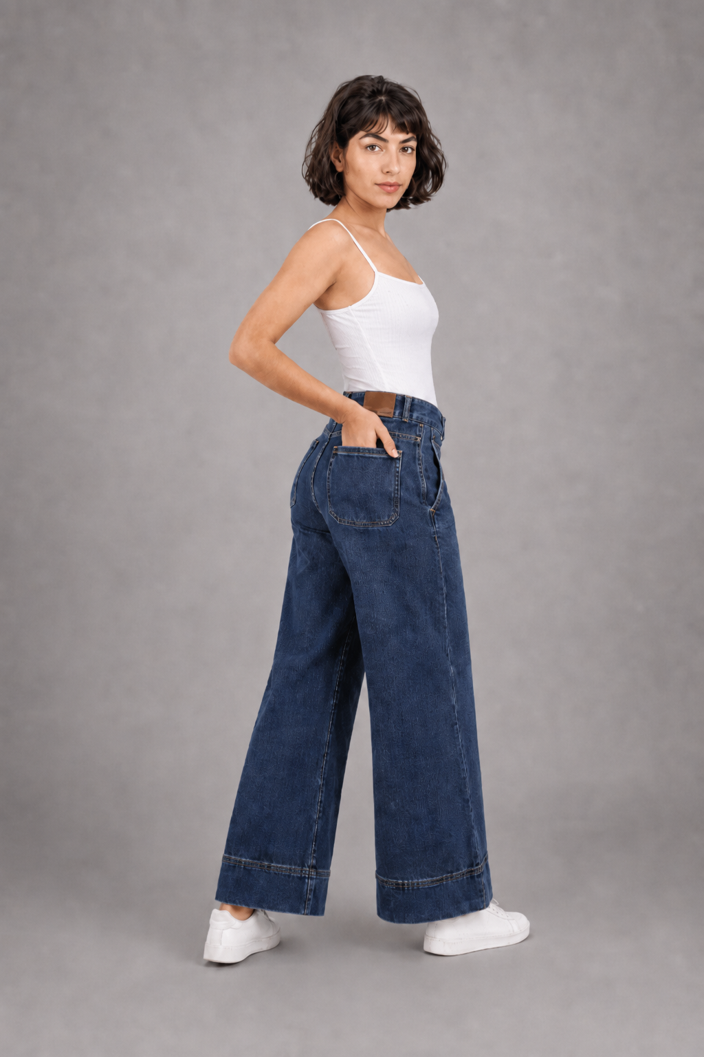 Jeans Pierna Amplia Mujer Azul Deslavado con desgaste