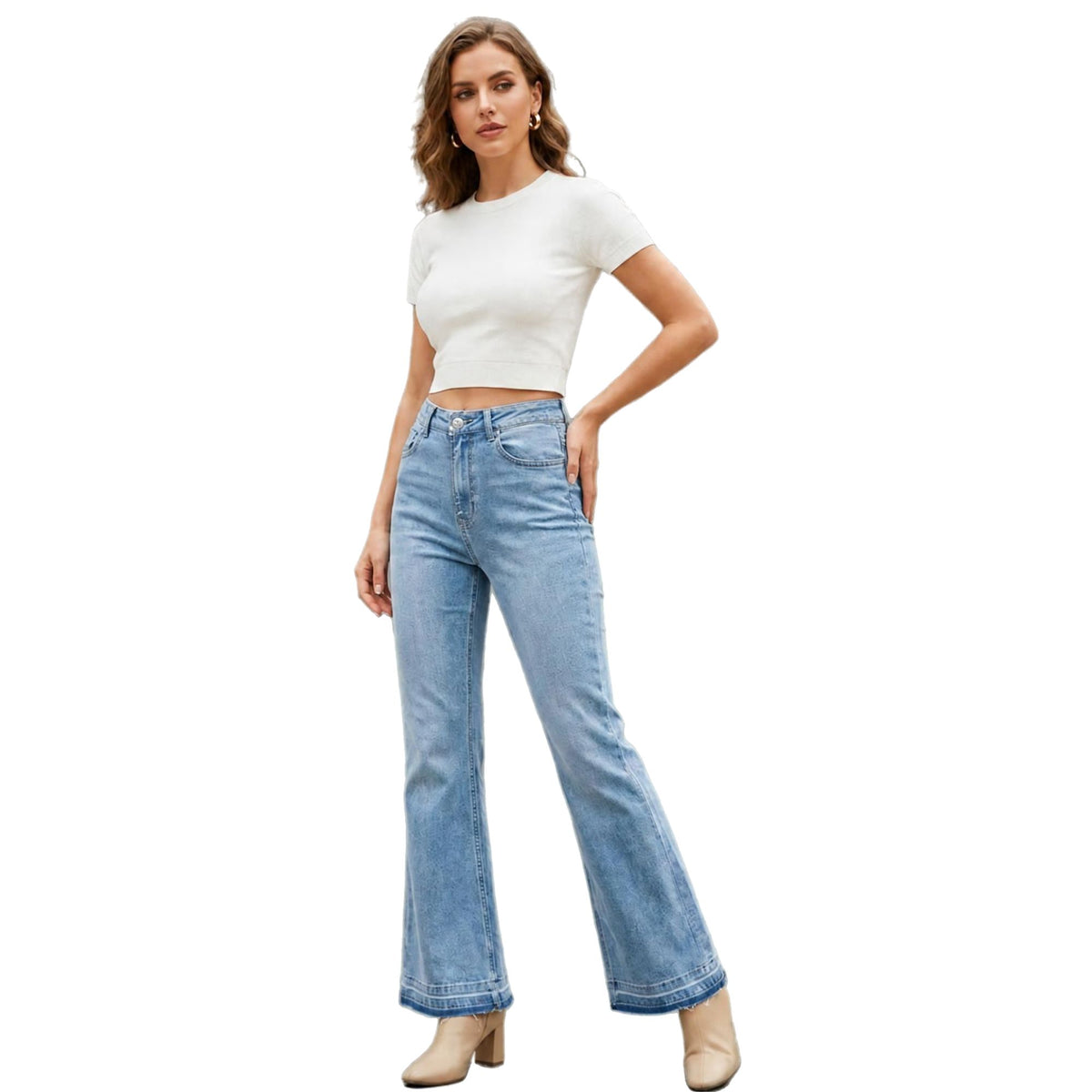 Jeans Flare Mujer Azul Deslavado con Desgaste