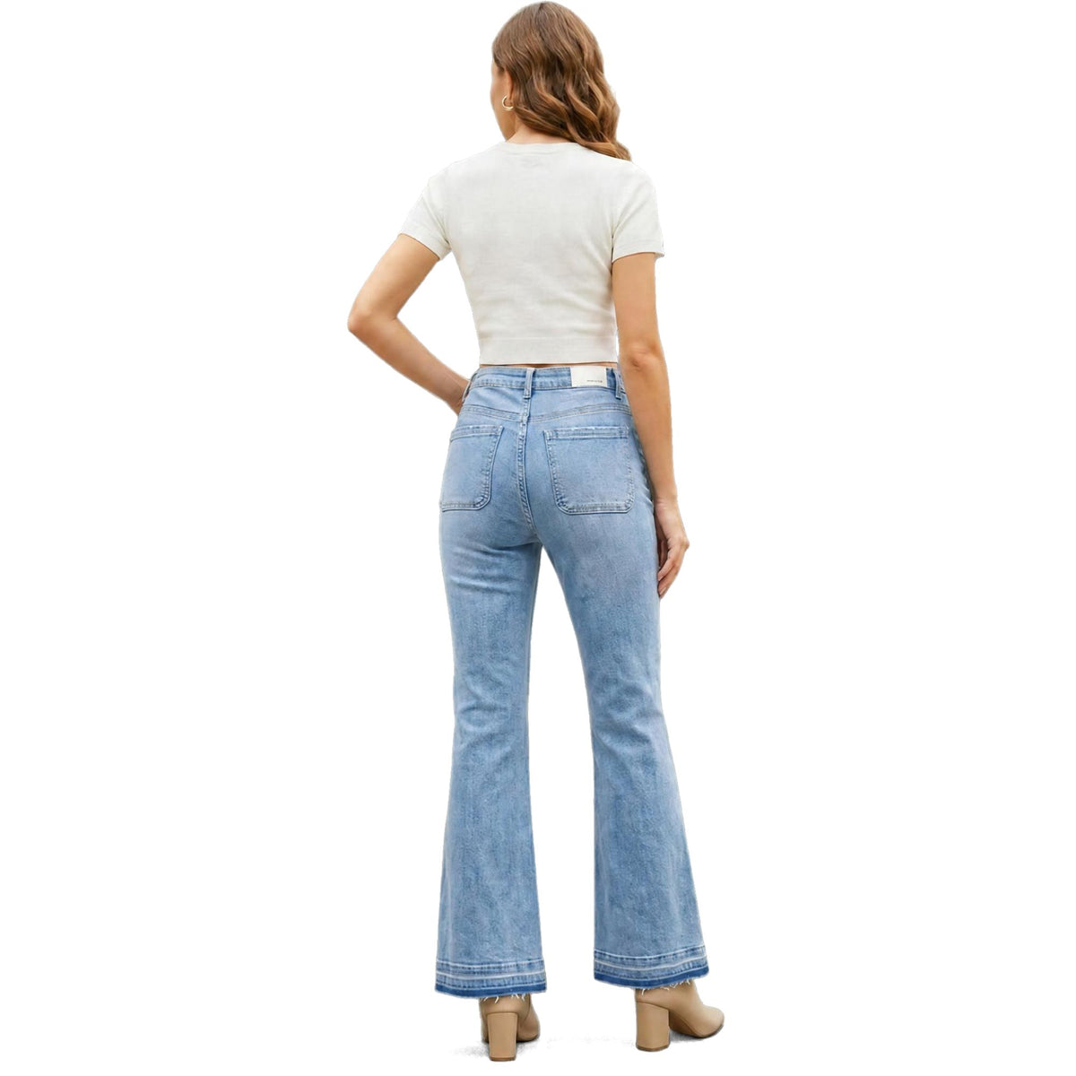 Jeans Flare Mujer Azul Deslavado con Desgaste